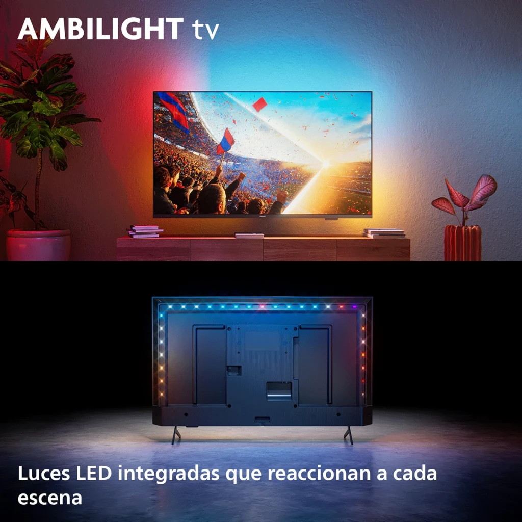 TV Philips 43 pouces LED 4K UHD Noir 43PUS8001/12, Ambilight: lumières LED arrière en salon et vue dos avec éclairage réactif