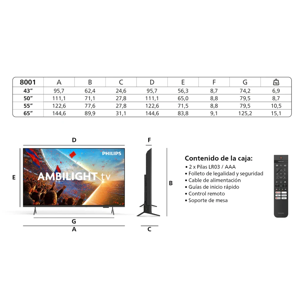 TV Philips 43 pouces LED 4K UHD Noir 43PUS8001/12, fiche technique: tableau de dimensions, vue de profil, télécommande