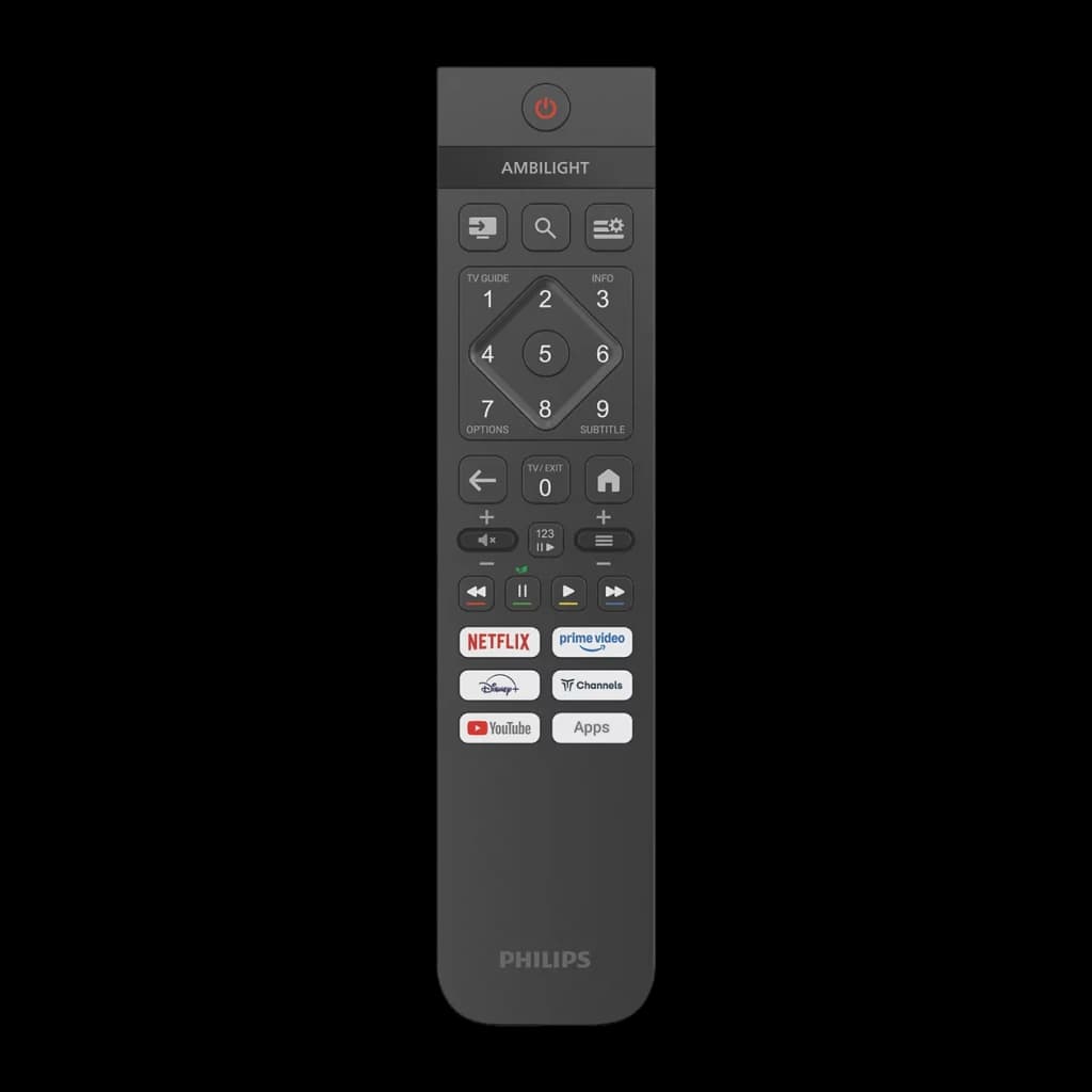 TV Philips 43 pouces LED 4K UHD Noir 43PUS8001/12, télécommande: bouton Ambilight, touches Netflix, Prime Video, Disney+