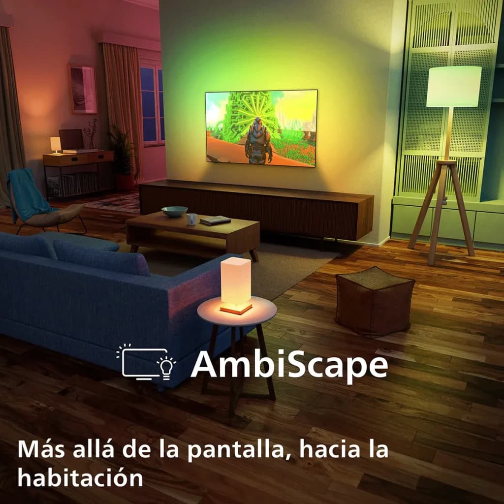 TV Philips 43 pouces LED 4K UHD Noir 43PUS8001/12, lifestyle: fonction AmbiScape diffusant des lumières colorées