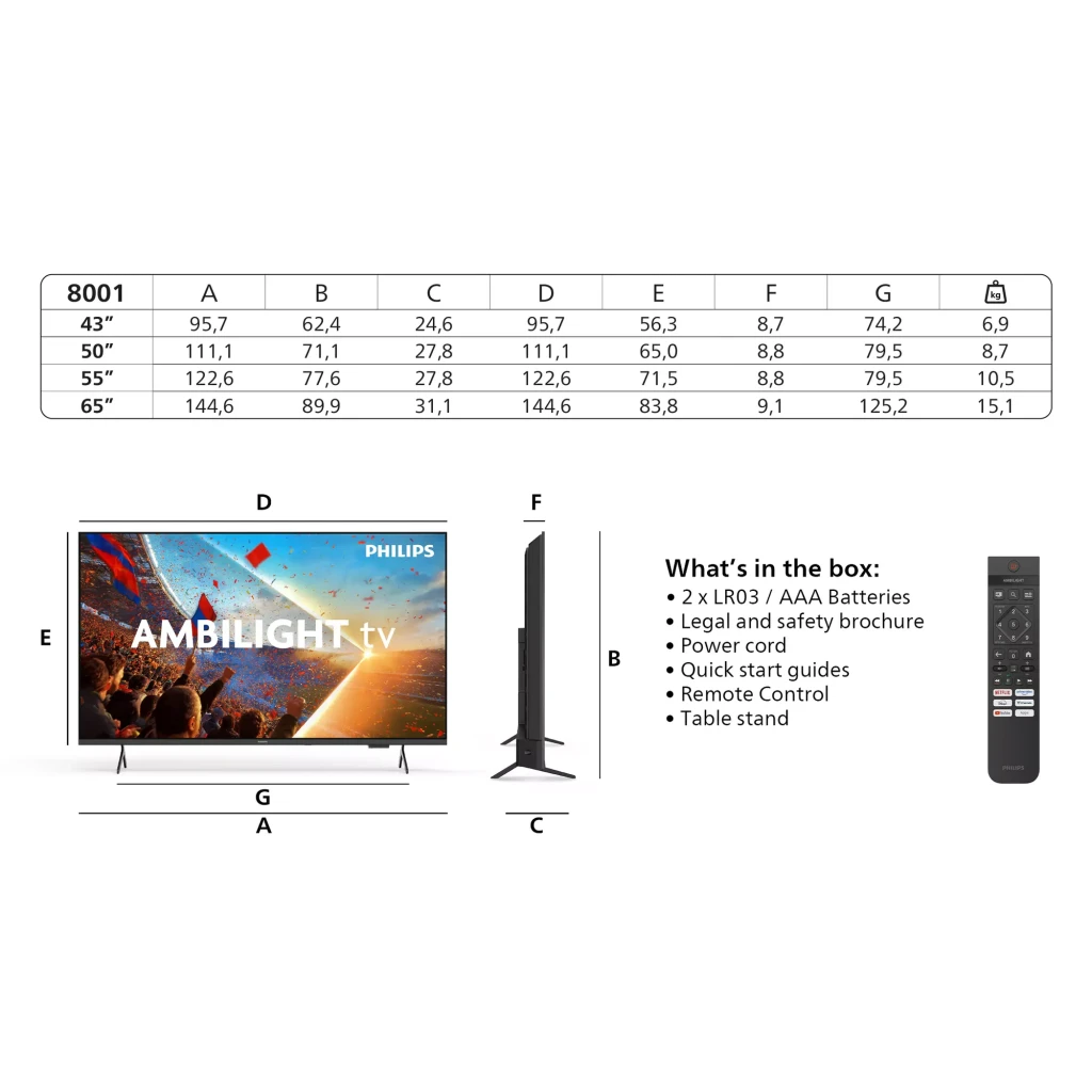 TV Philips 43 pouces LED 4K UHD Noir 43PUS8001/12, fiche technique: tableau de dimensions, contenu boîte et télécommande