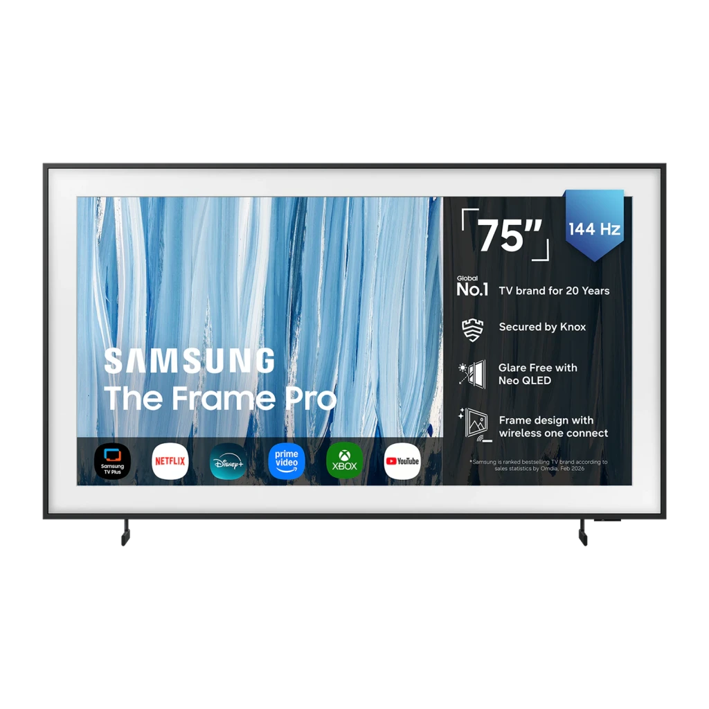 TV Samsung The Frame Pro 75 pouces Neo QLED 144Hz 4K Noir TQ75LS03H, vue de face: écran avec spécifications 144Hz et cadre