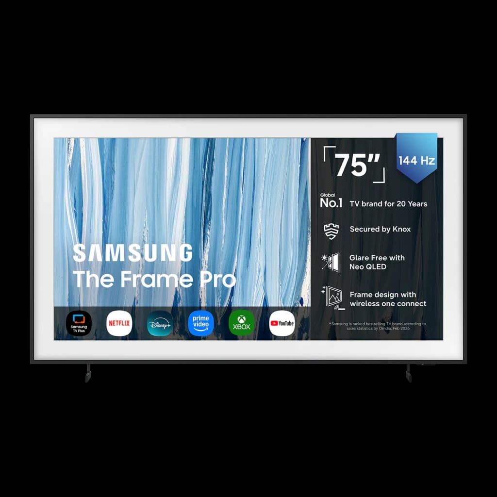 TV Samsung The Frame Pro 75 pouces Neo QLED 144Hz 4K Noir TQ75LS03H, vue de face: écran avec spécifications 144Hz et cadre