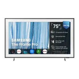 TV Samsung The Frame Pro 75 pouces Neo QLED 144Hz 4K Noir TQ75LS03H, vue de face: écran avec spécifications 144Hz et cadre