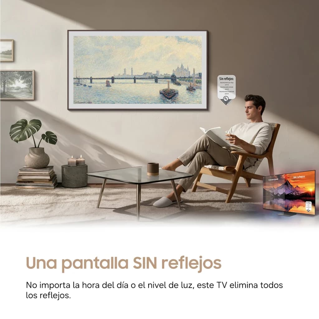 TV Samsung The Frame Pro 75 pouces Neo QLED 144Hz 4K Noir TQ75LS03H, lifestyle: accroché au mur affichant une œuvre d'art