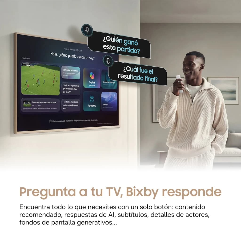 TV Samsung The Frame Pro 75 pouces Neo QLED 144Hz 4K Noir TQ75LS03H, lifestyle: homme utilisant Bixby avec télécommande