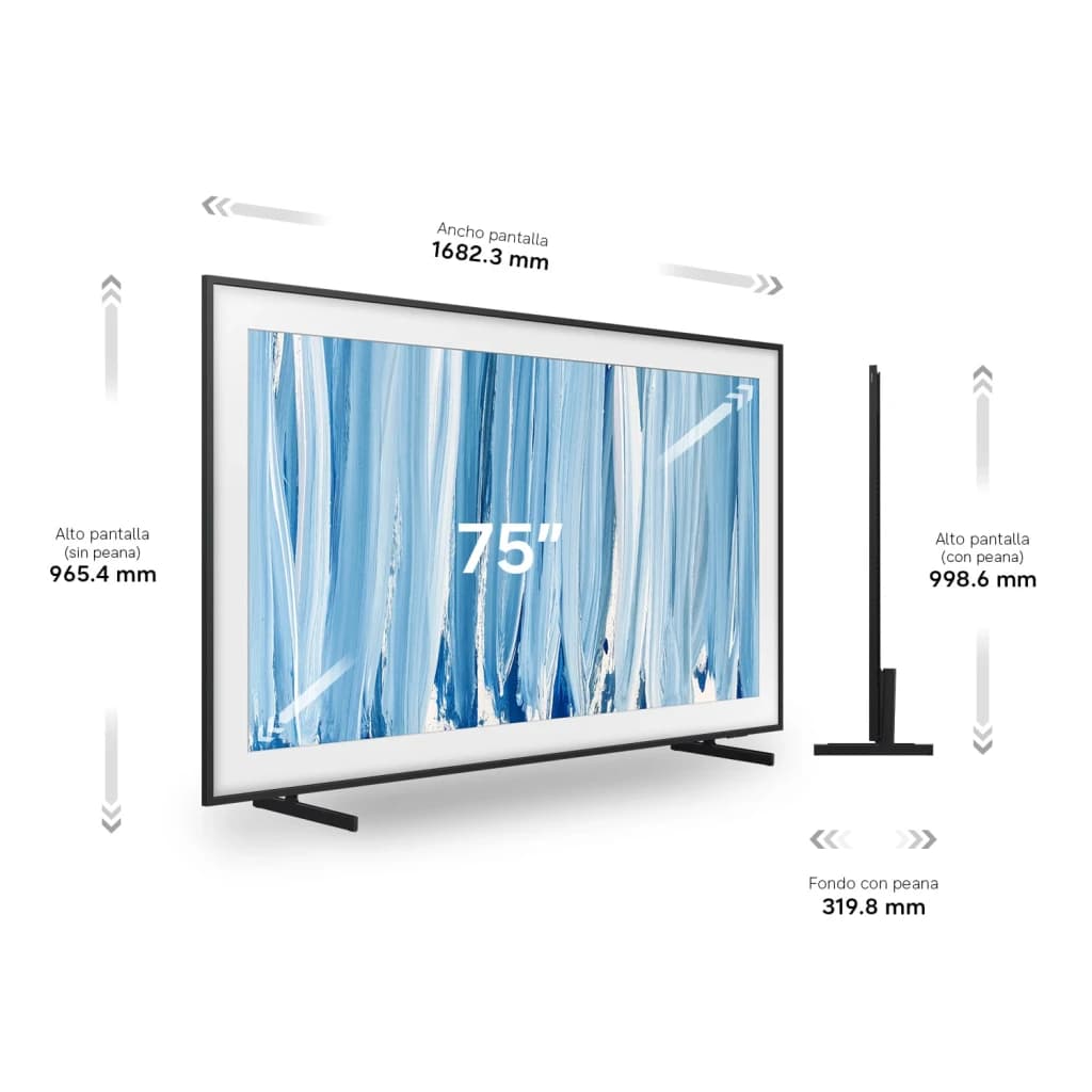 TV Samsung The Frame Pro 75 pouces Neo QLED 144Hz 4K Noir TQ75LS03H, dimensions: largeur 1682,3mm, hauteur 965,4mm et profil