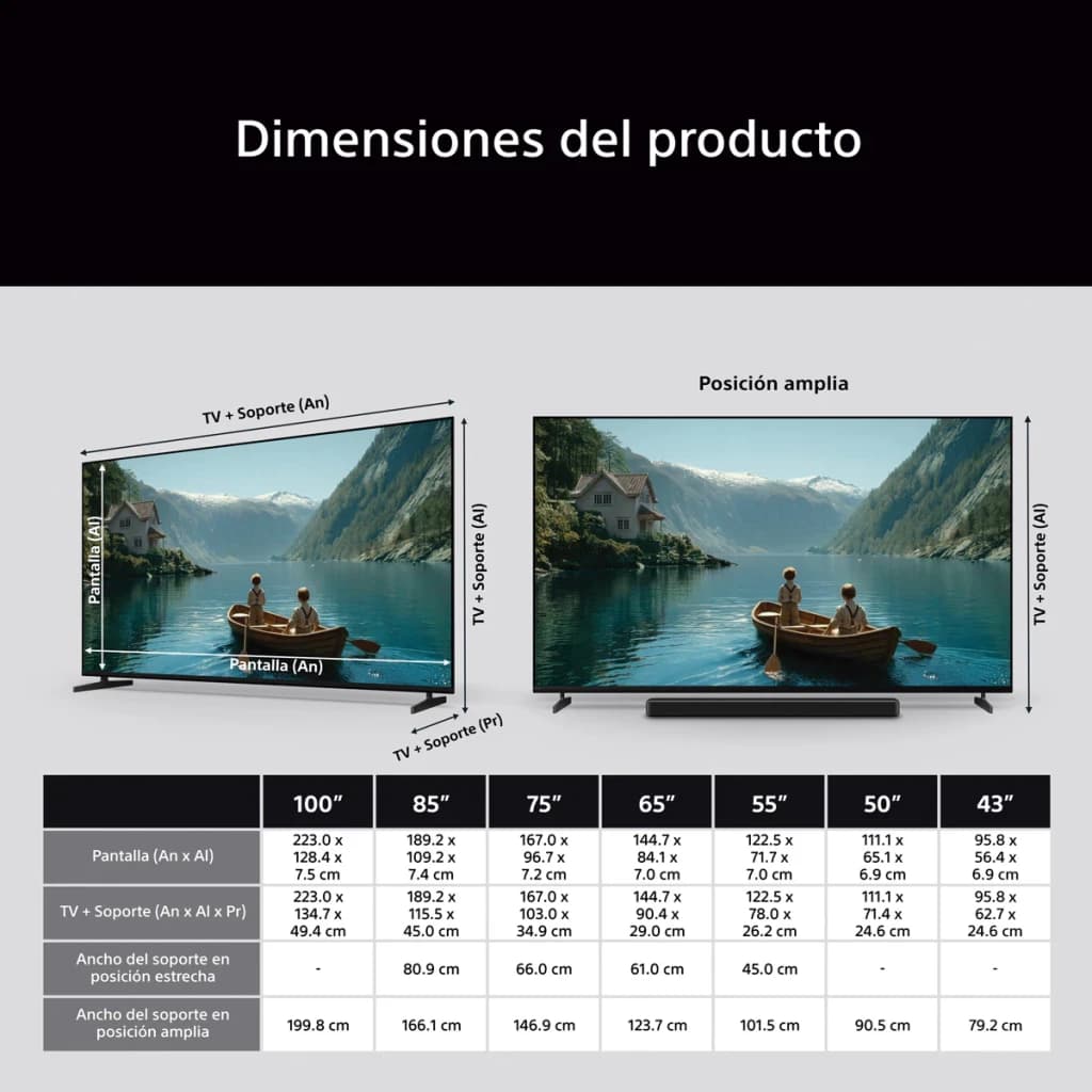 TV Sony Bravia 3 II 75 pouces LED 4K Ultra HD Dolby Vision Noir 75XR35M2, dimensions: tableau de mesures par taille
