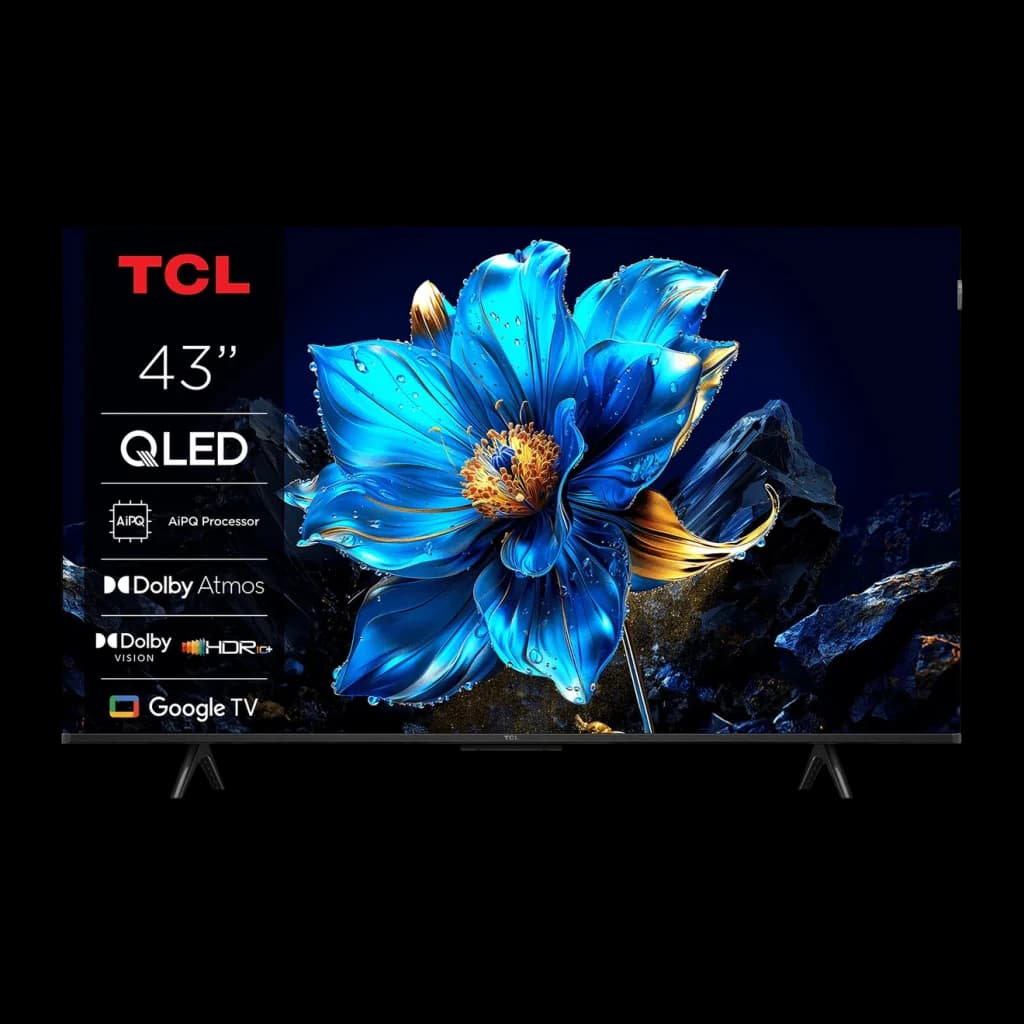 TV TCL 43 pulgadas QLED 4K 60Hz Negro 43T69C, vista frontal: pantalla encendida con flor azul, logos QLED Dolby Google TV