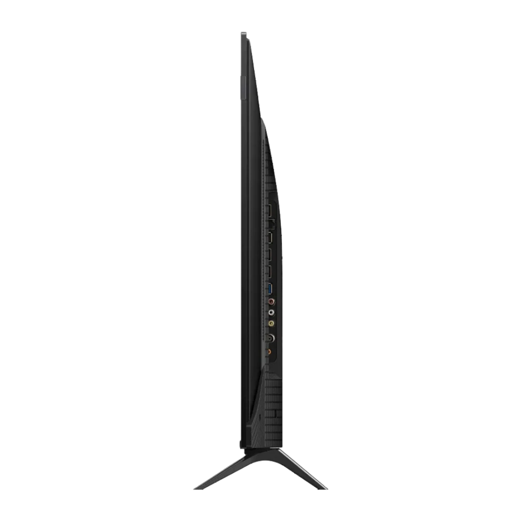 TV TCL 43 pulgadas QLED 4K 60Hz Negro 43T69C, vista lateral: puertos HDMI, USB y conectores en panel trasero negro