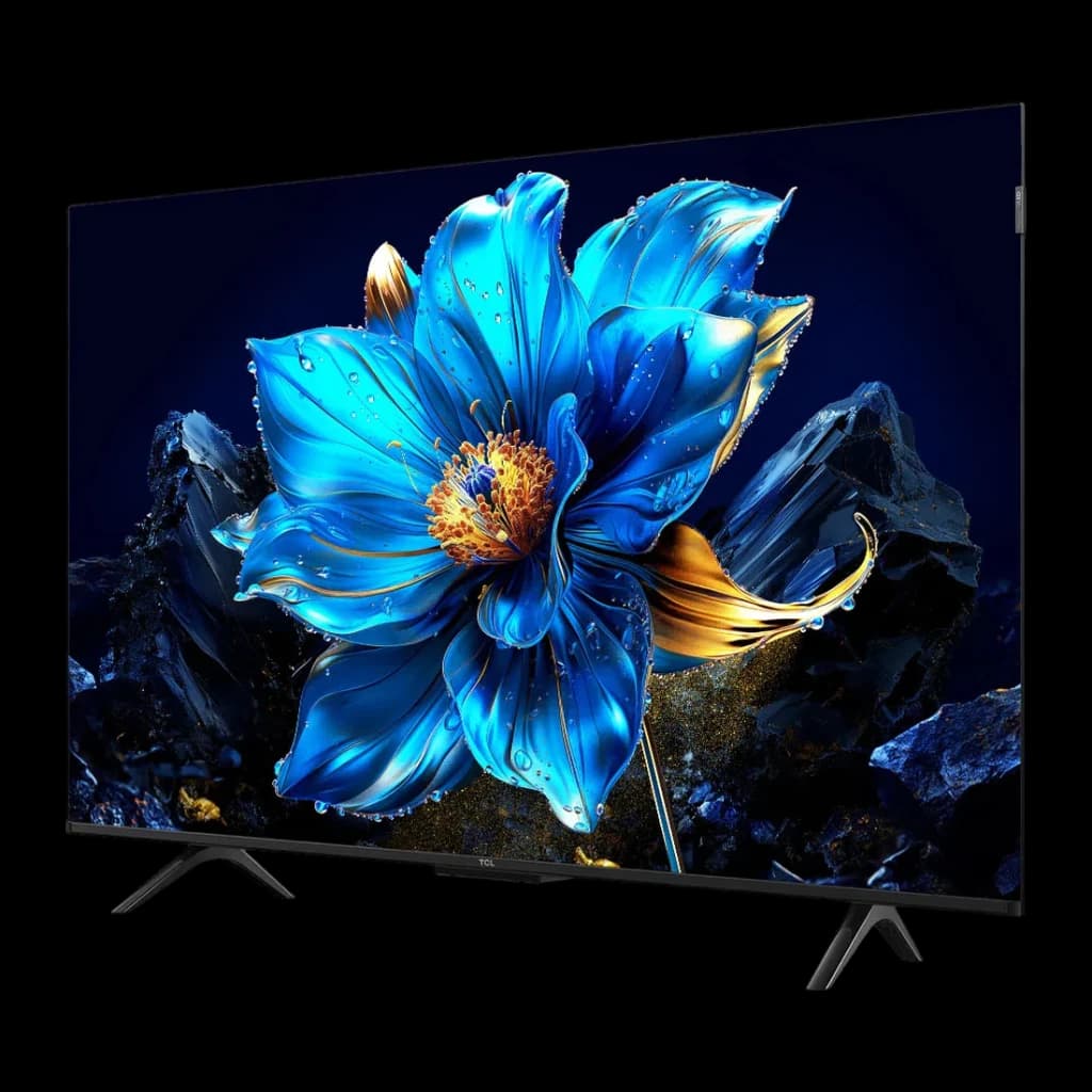 TV TCL 43 pulgadas QLED 4K 60Hz Negro 43T69C, vista lateral: pantalla con flor azul vibrante, marco fino y pies negros