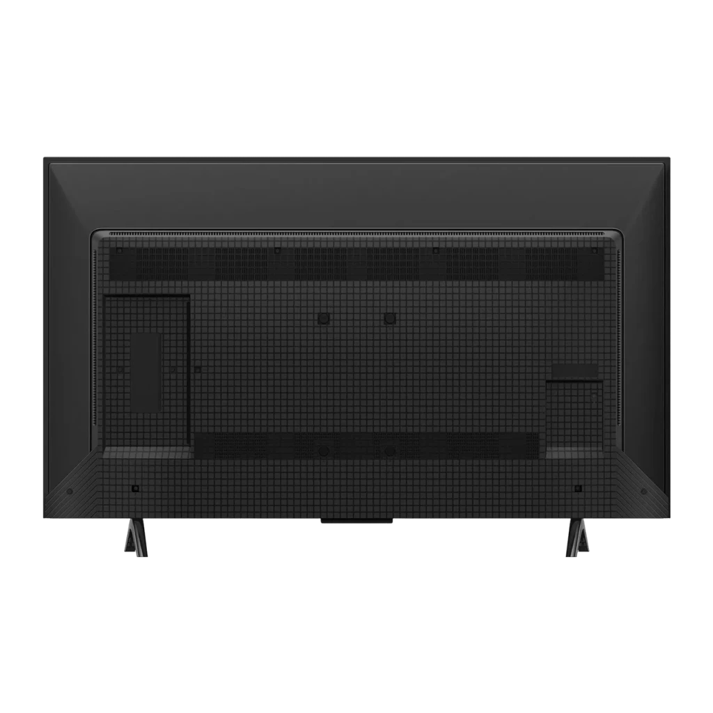 TV TCL 43 pulgadas QLED 4K 60Hz Negro 43T69C, vista trasera: panel posterior con rejillas de ventilación, puertos y patas