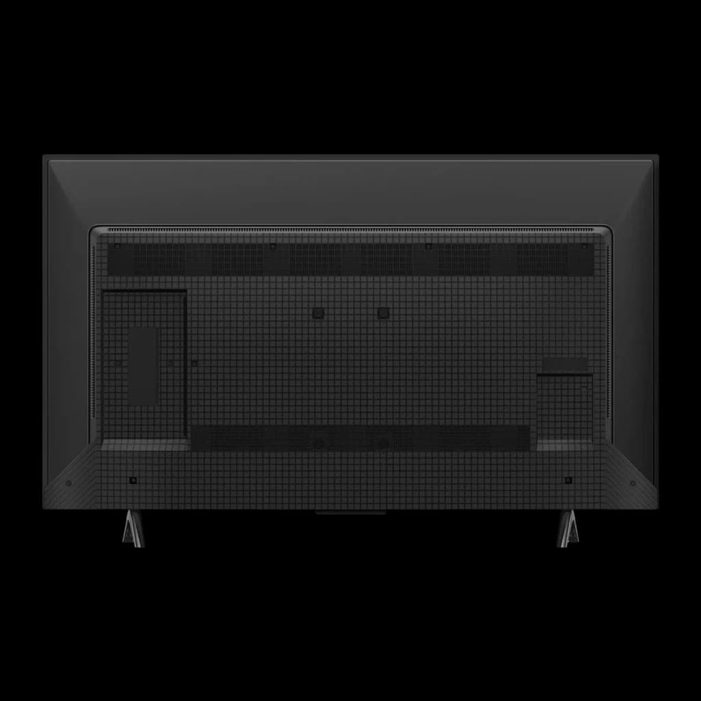 TV TCL 43 pulgadas QLED 4K 60Hz Negro 43T69C, vista trasera: panel posterior con rejillas de ventilación, puertos y patas