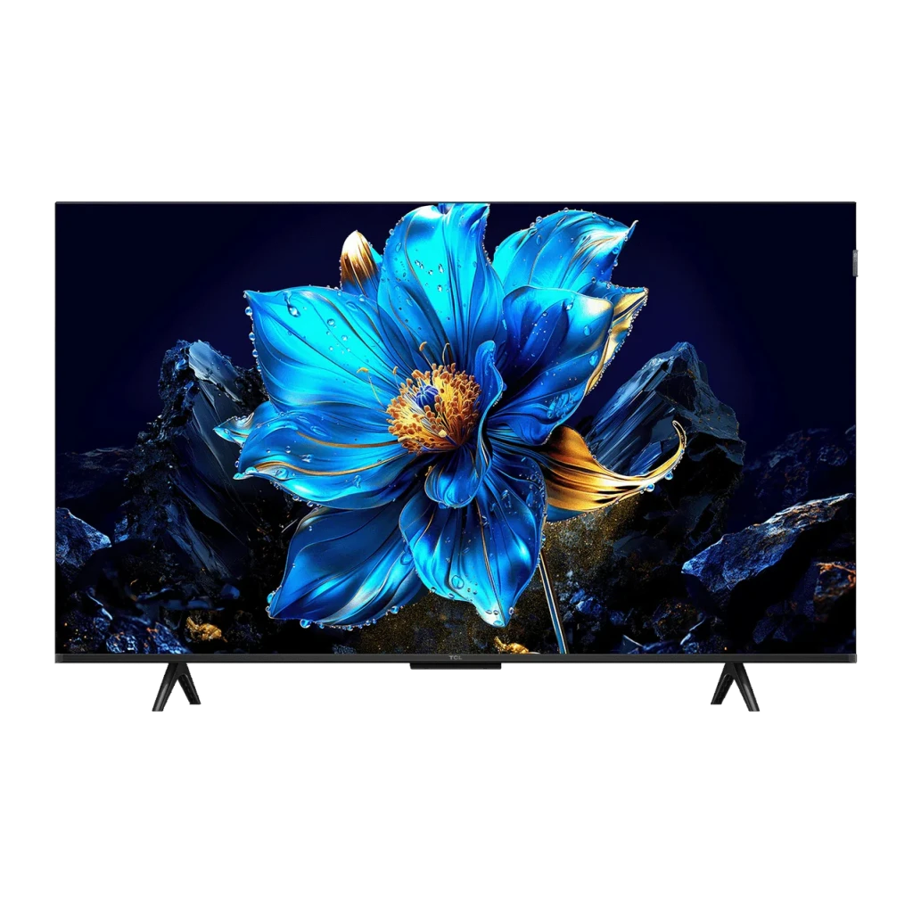 TV TCL 43 pulgadas QLED 4K 60Hz Negro 43T69C, vista frontal: pantalla con flor azul y dorada, marcos finos y patas negras