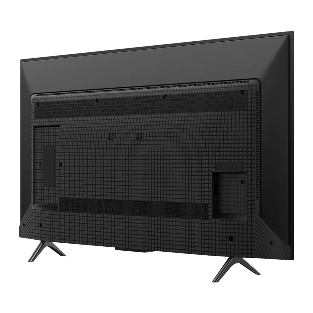 TV TCL 43 pulgadas QLED 4K 60Hz Negro 43T69C, vista trasera en ángulo: panel posterior con rejilla ventilación y patas