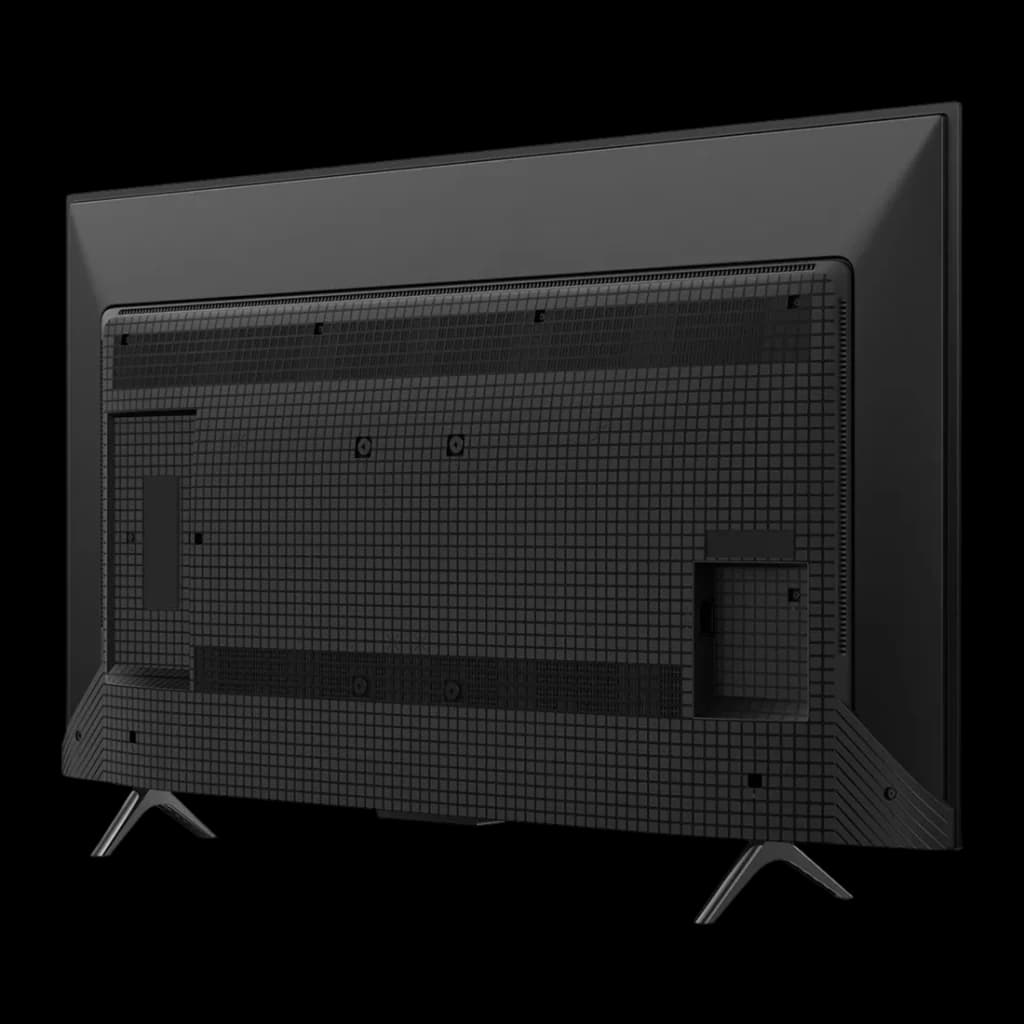 TV TCL 43 pulgadas QLED 4K 60Hz Negro 43T69C, vista trasera en ángulo: panel posterior con rejilla ventilación y patas