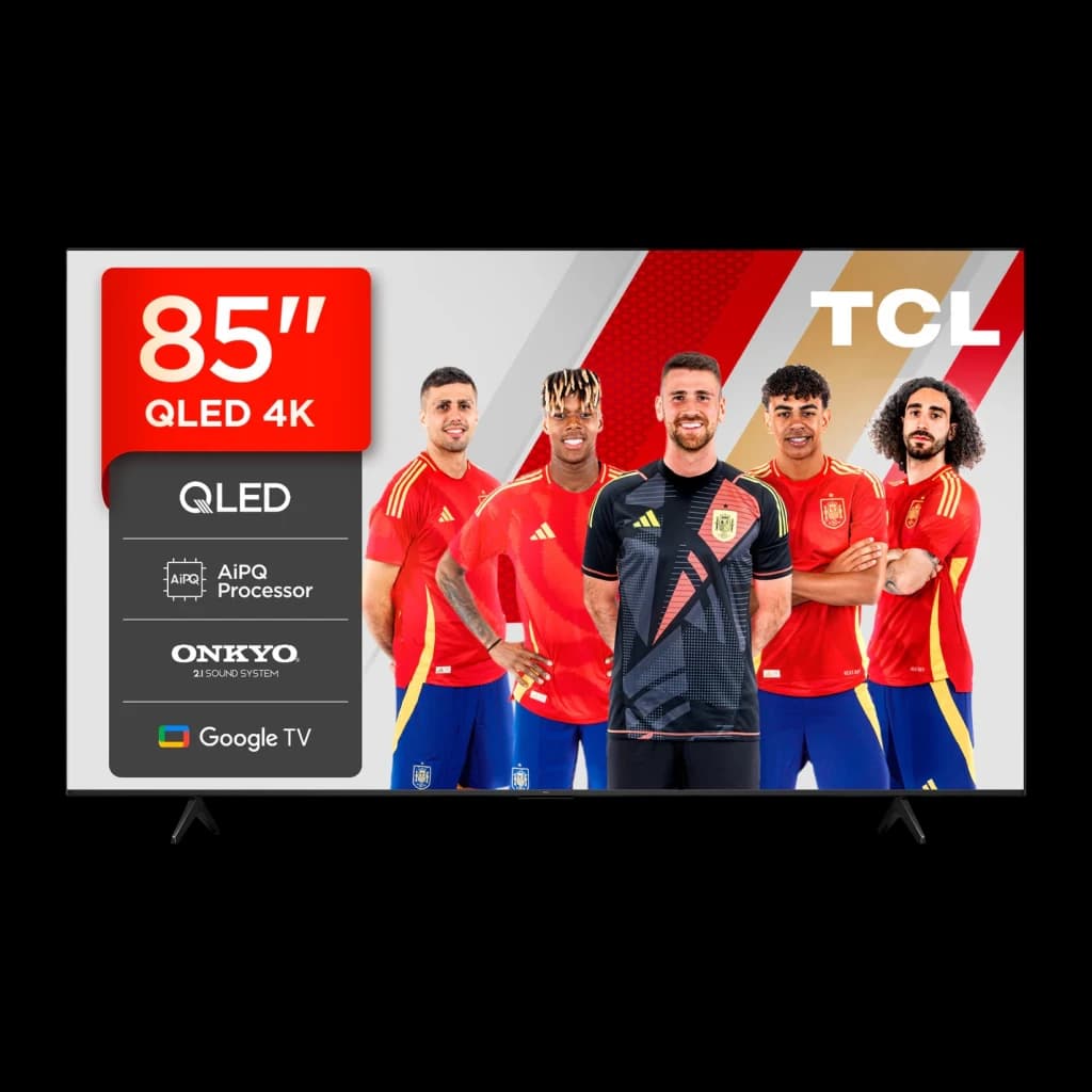 TV TCL 85 polegadas QLED 4K 60Hz Preto 85T69C, frontal: ecrã com logos QLED, AiPQ, Onkyo e Google TV