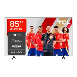 TV TCL 85 polegadas QLED 4K 60Hz Preto 85T69C, frontal: ecrã com logos QLED, AiPQ, Onkyo e Google TV