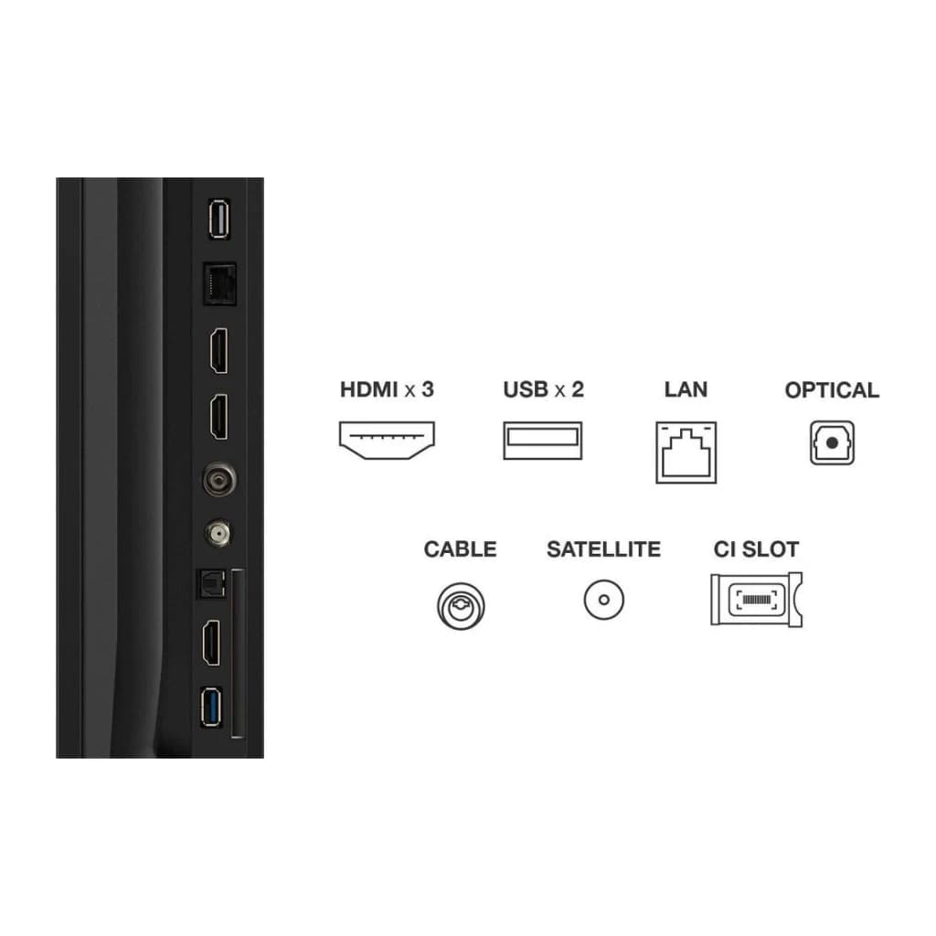 TV TCL 85 polegadas QLED 4K 60Hz Preto 85T69C, painel lateral: portas HDMI x3, USB x2, LAN, ótico, cabo, satélite e CI slot