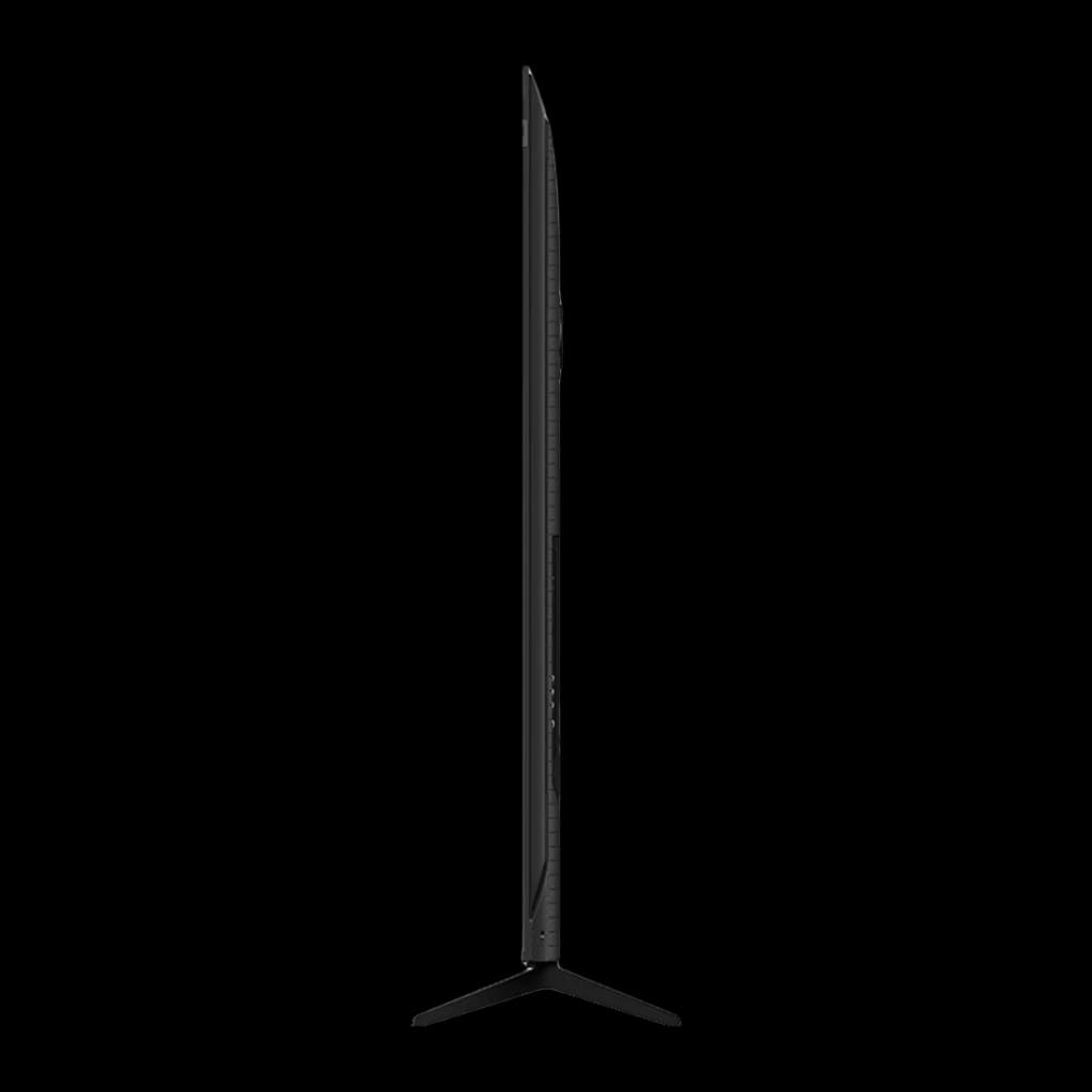 TV TCL 85 polegadas QLED 4K 60Hz Preto 85T69C, vista lateral: perfil ultrafino e base em V preta