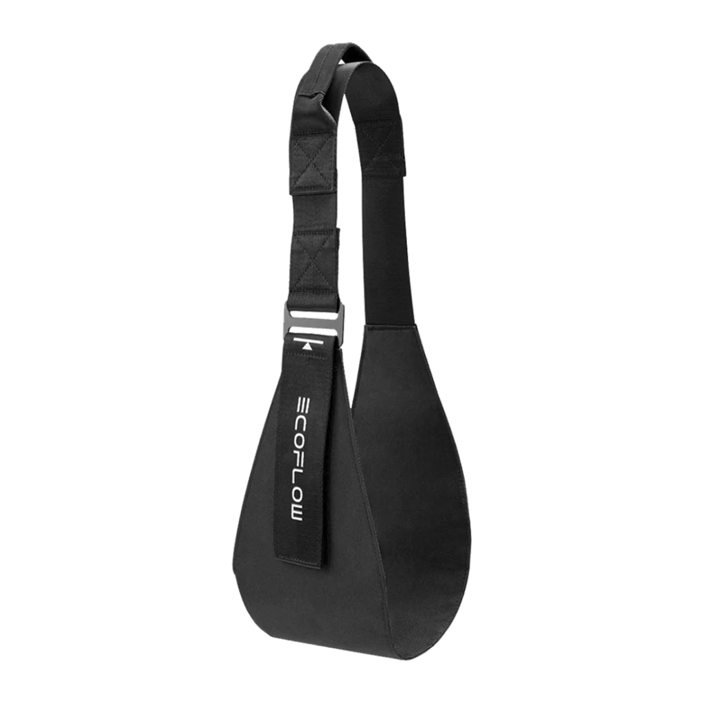 Sangle de transport EcoFlow à Velcro WAVE 3 Noir, vue de face: bandoulière matelassée avec coutures en X, boucle réglable