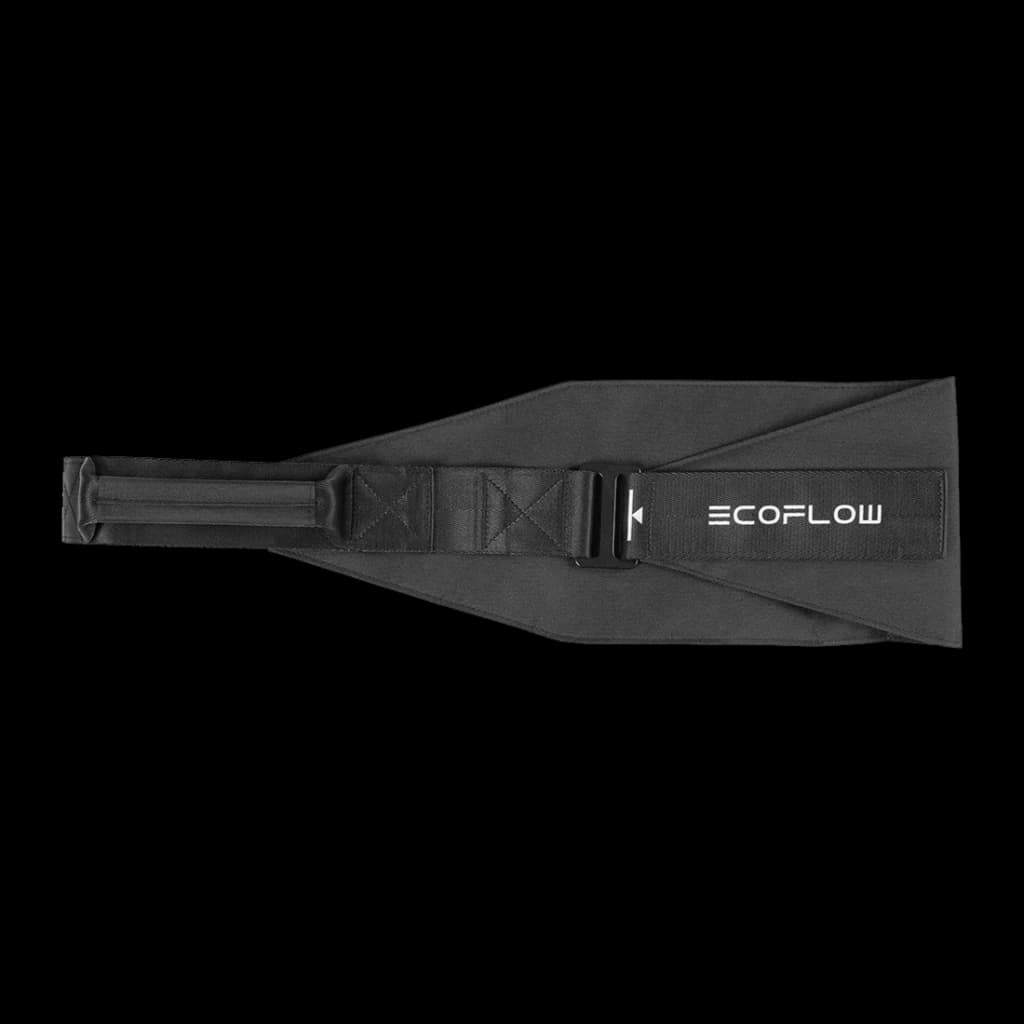 Sangle de transport EcoFlow à Velcro WAVE 3 Noir, détail: boucle centrale, coutures en X et logo EcoFlow sur tissu noir