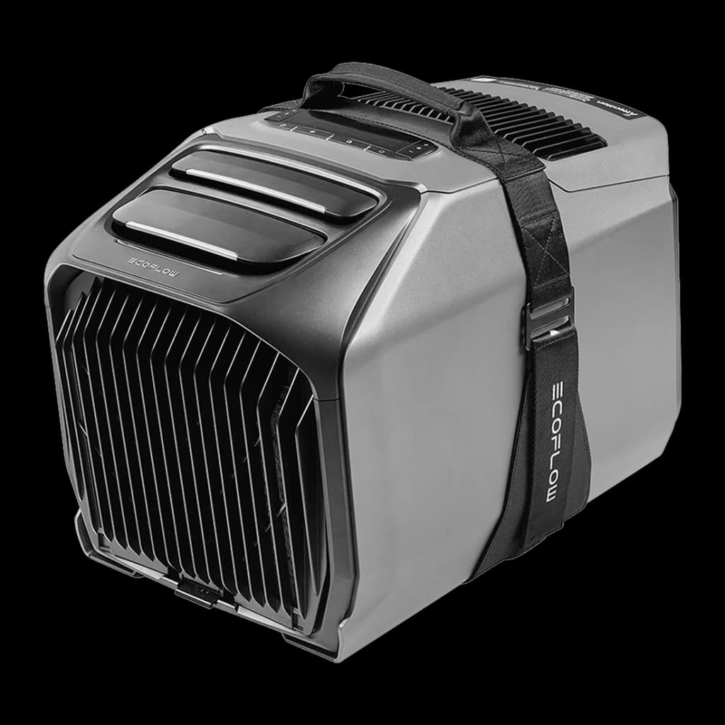 Sangle de transport EcoFlow à Velcro WAVE 3 Noir, en utilisation: sangle noire fixée sur climatiseur portable, vue de face