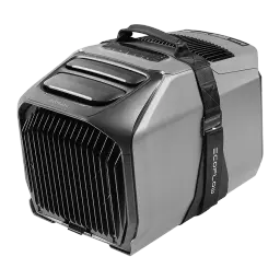 Sangle de transport EcoFlow à Velcro WAVE 3 Noir, en utilisation: sangle noire fixée sur climatiseur portable, vue de face