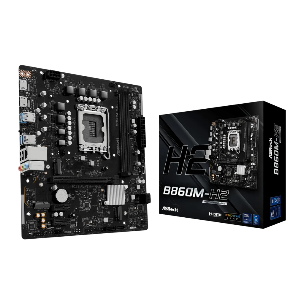 Carte mère ASRock DDR5 Intel B860 LGA1851 ATX Sans WiFi Noir B860M-H2, vue principale: carte en angle et boîte du produit