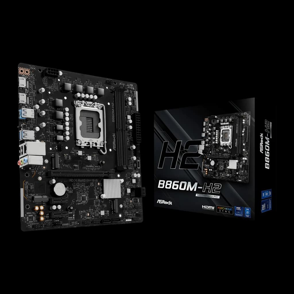 Carte mère ASRock DDR5 Intel B860 LGA1851 ATX Sans WiFi Noir B860M-H2, vue principale: carte en angle et boîte du produit