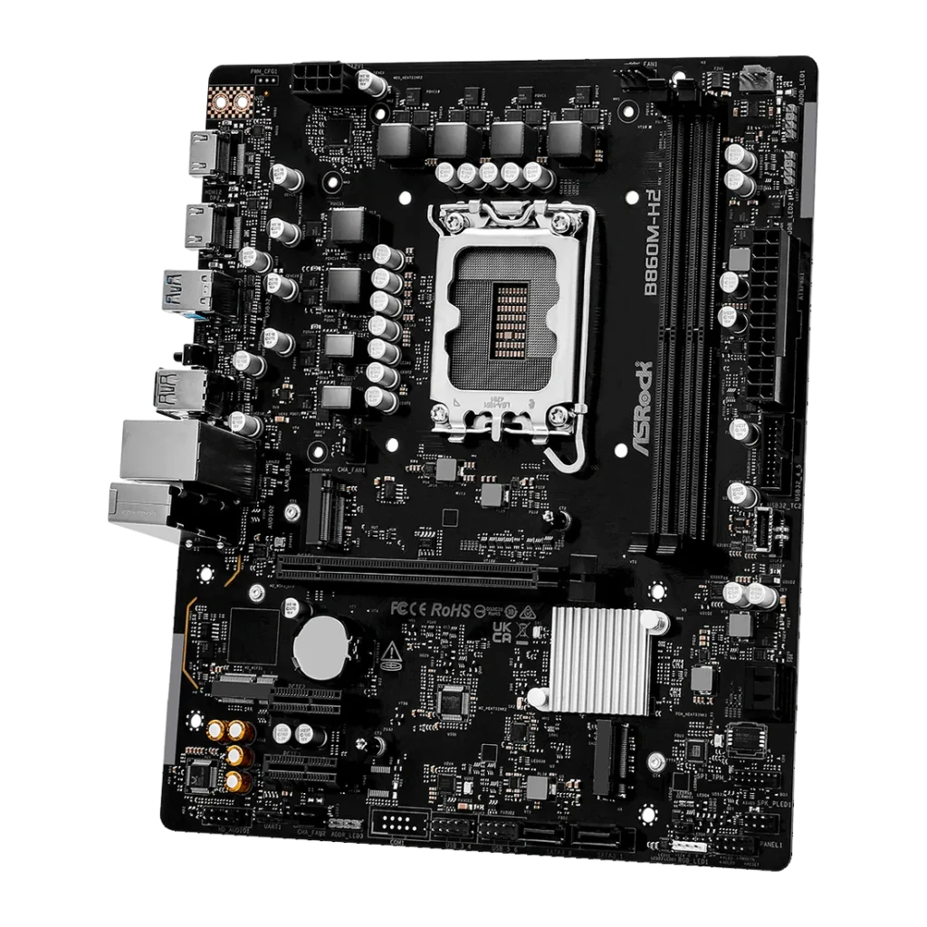 Carte mère ASRock DDR5 Intel B860 LGA1851 ATX Sans WiFi Noir B860M-H2, vue en angle: socket LGA1851, slots DDR5 et panneau