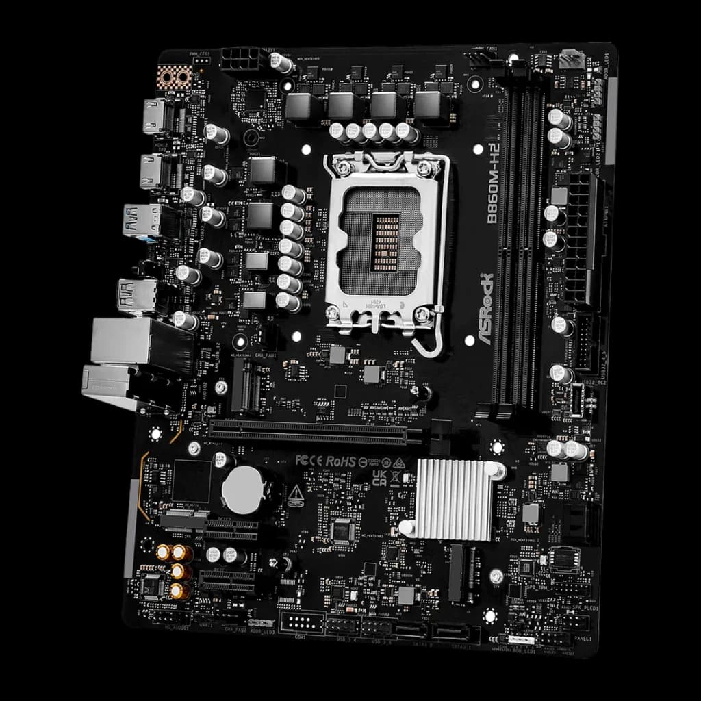 Carte mère ASRock DDR5 Intel B860 LGA1851 ATX Sans WiFi Noir B860M-H2, vue en angle: socket LGA1851, slots DDR5 et panneau