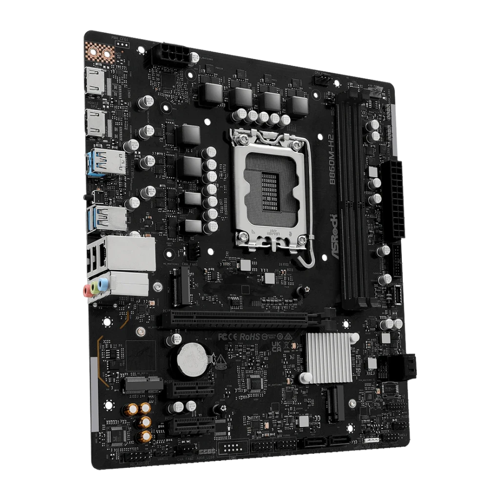 Carte mère ASRock DDR5 Intel B860 LGA1851 ATX Sans WiFi Noir B860M-H2, vue en angle: socket LGA1851, slots DDR5 et ports I/O