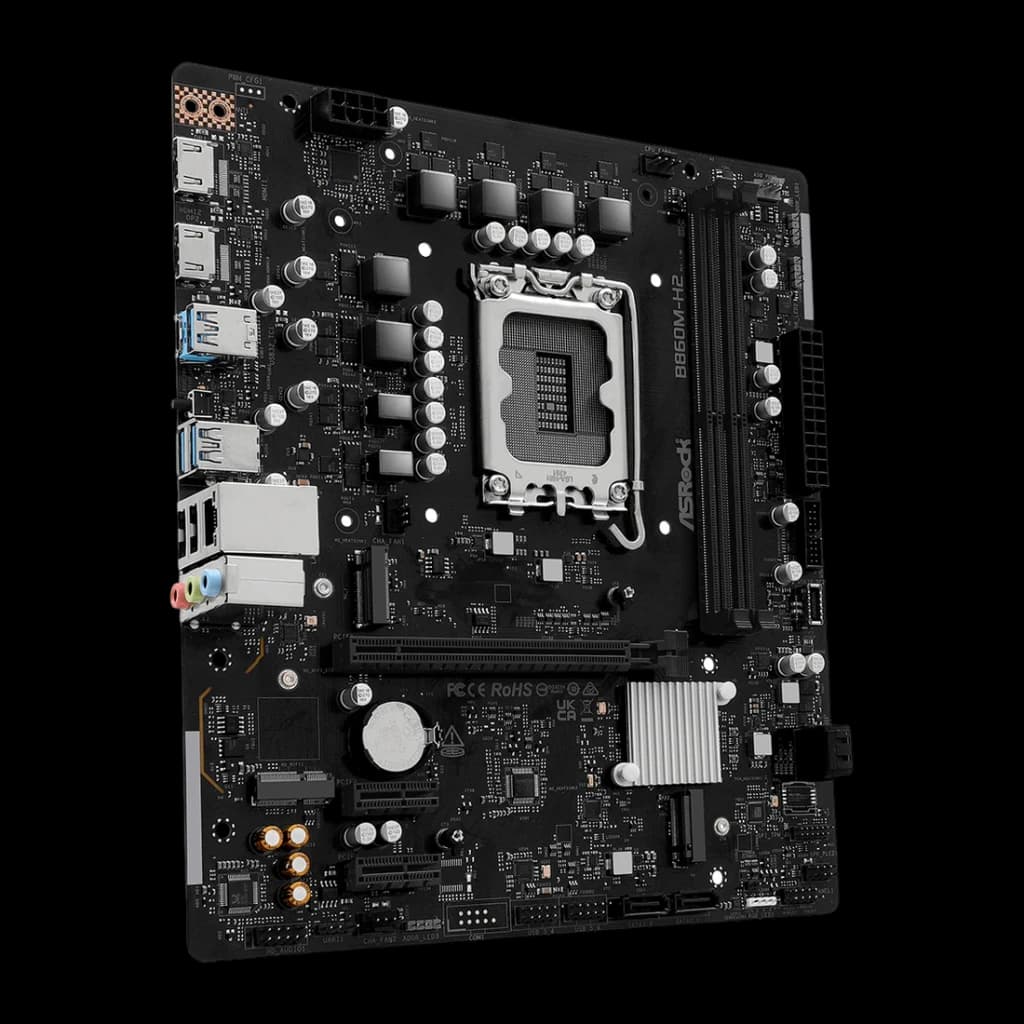 Carte mère ASRock DDR5 Intel B860 LGA1851 ATX Sans WiFi Noir B860M-H2, vue en angle: socket LGA1851, slots DDR5 et ports I/O