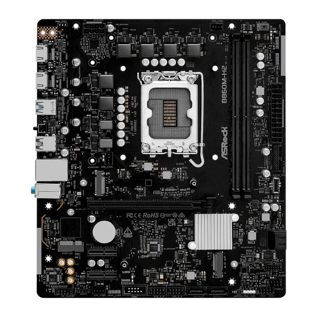 Carte mère ASRock DDR5 Intel B860 LGA1851 ATX Sans WiFi Noir B860M-H2, vue de dessus: socket LGA1851, slots DDR5