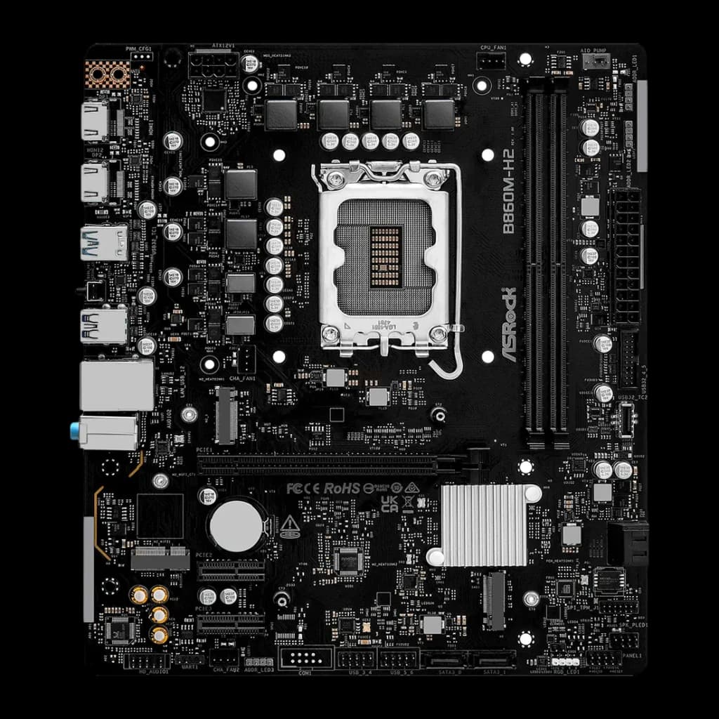 Carte mère ASRock DDR5 Intel B860 LGA1851 ATX Sans WiFi Noir B860M-H2, vue de dessus: socket LGA1851, slots DDR5