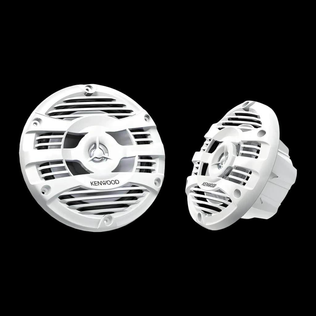 Colunas marinhas Kenwood 2 vias 50W RMS Branco KFC-1653MRW, vista frontal: par de colunas com grelha circular branca