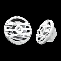 Colunas marinhas Kenwood 2 vias 50W RMS Branco KFC-1653MRW, vista frontal: par de colunas com grelha circular branca