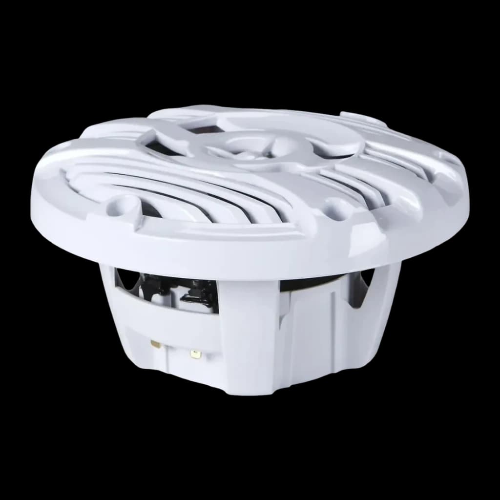 Colunas marinhas Kenwood 2 vias 50W RMS Branco KFC-1653MRW, detalhe: vista lateral inferior com cesto e terminais dourados