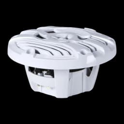 Colunas marinhas Kenwood 2 vias 50W RMS Branco KFC-1653MRW, detalhe: vista lateral inferior com cesto e terminais dourados