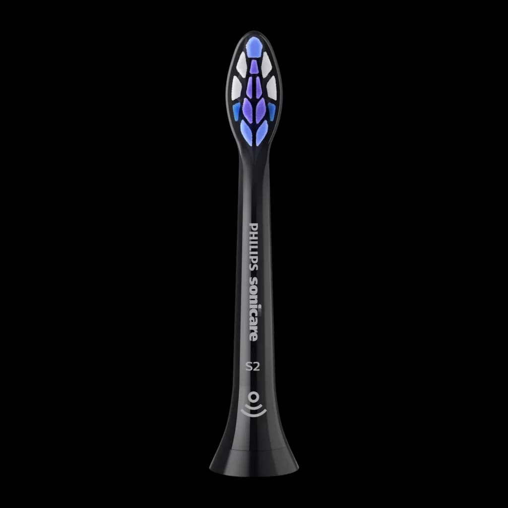 Cabeça de escova de dentes Philips Sonicare S2 Sensitive Pack 6 BrushSync Preto HX6056/88, vista frontal: cerdas azuis