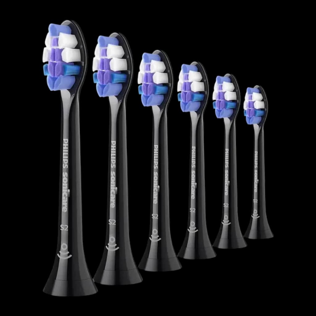 Cabeça de escova de dentes Philips Sonicare S2 Sensitive Pack 6 BrushSync Preto HX6056/88, vista lateral: 6 cabeças em fila