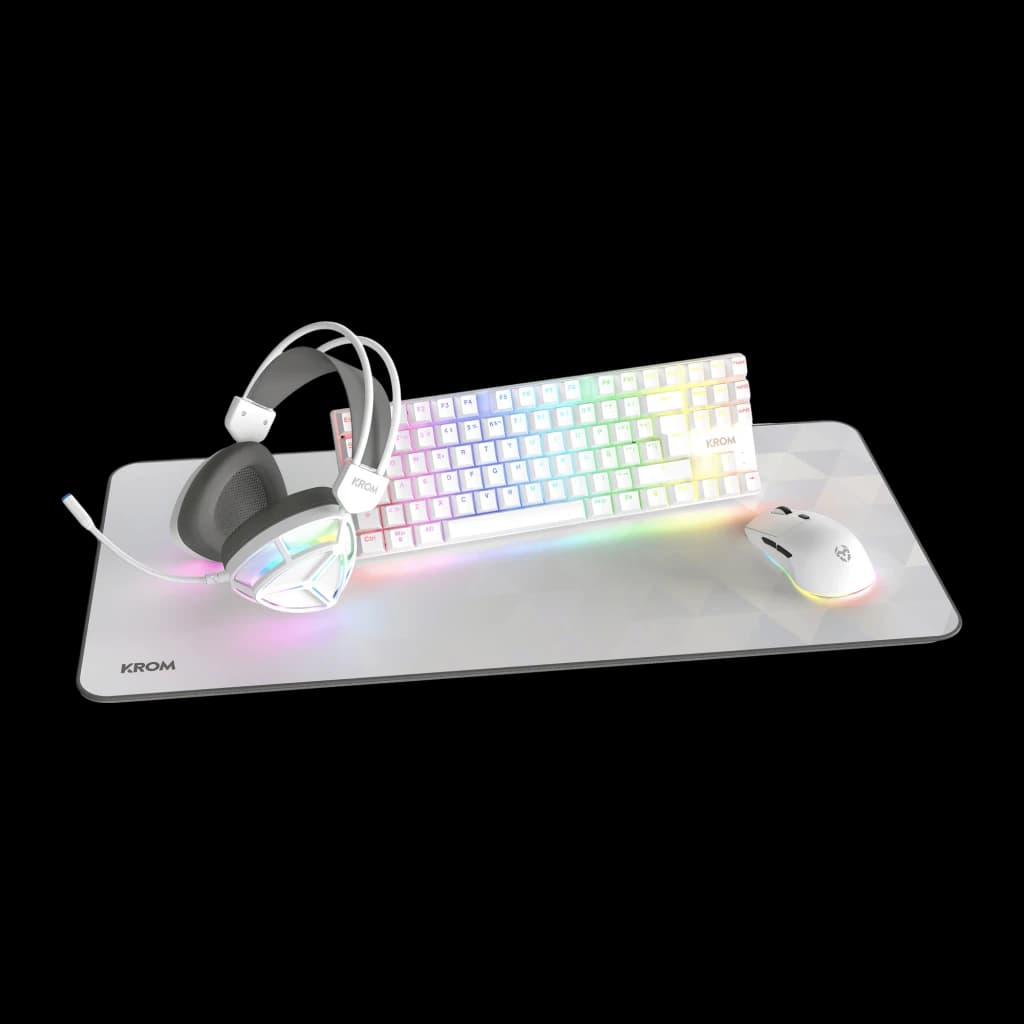 Pack Clavier et Souris Gaming Krom Klass TKL RGB Mécanique 7200 DPI Blanc, vue de face: clavier TKL, souris et casque blancs