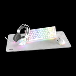Pack Clavier et Souris Gaming Krom Klass TKL RGB Mécanique 7200 DPI Blanc, vue de face: clavier TKL, souris et casque blancs