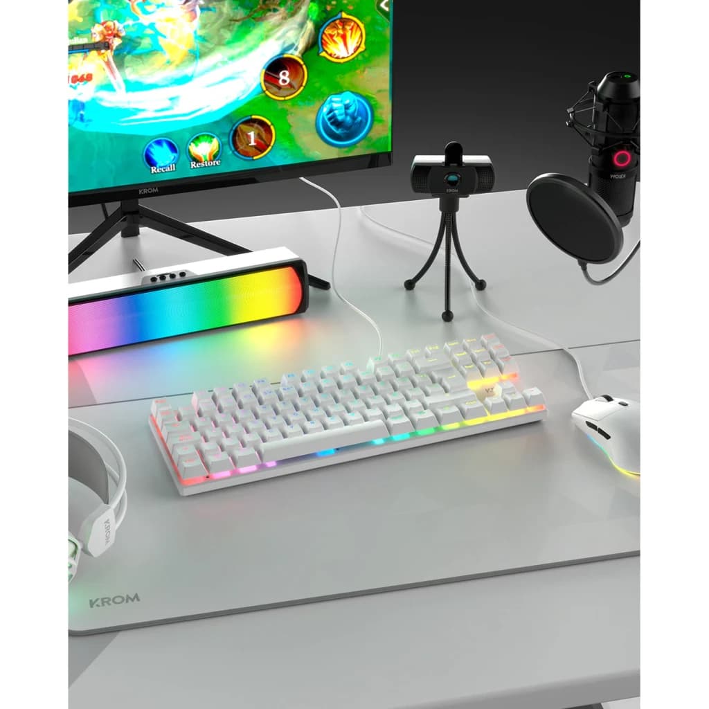 Pack Clavier et Souris Gaming Krom Klass TKL RGB Mécanique 7200 DPI Blanc, en utilisation: clavier et souris blancs