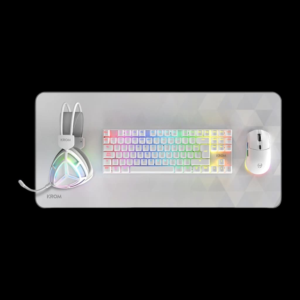 Pack Clavier et Souris Gaming Krom Klass TKL RGB Mécanique 7200 DPI Blanc, détail: vue zénithale sur tapis avec clavier