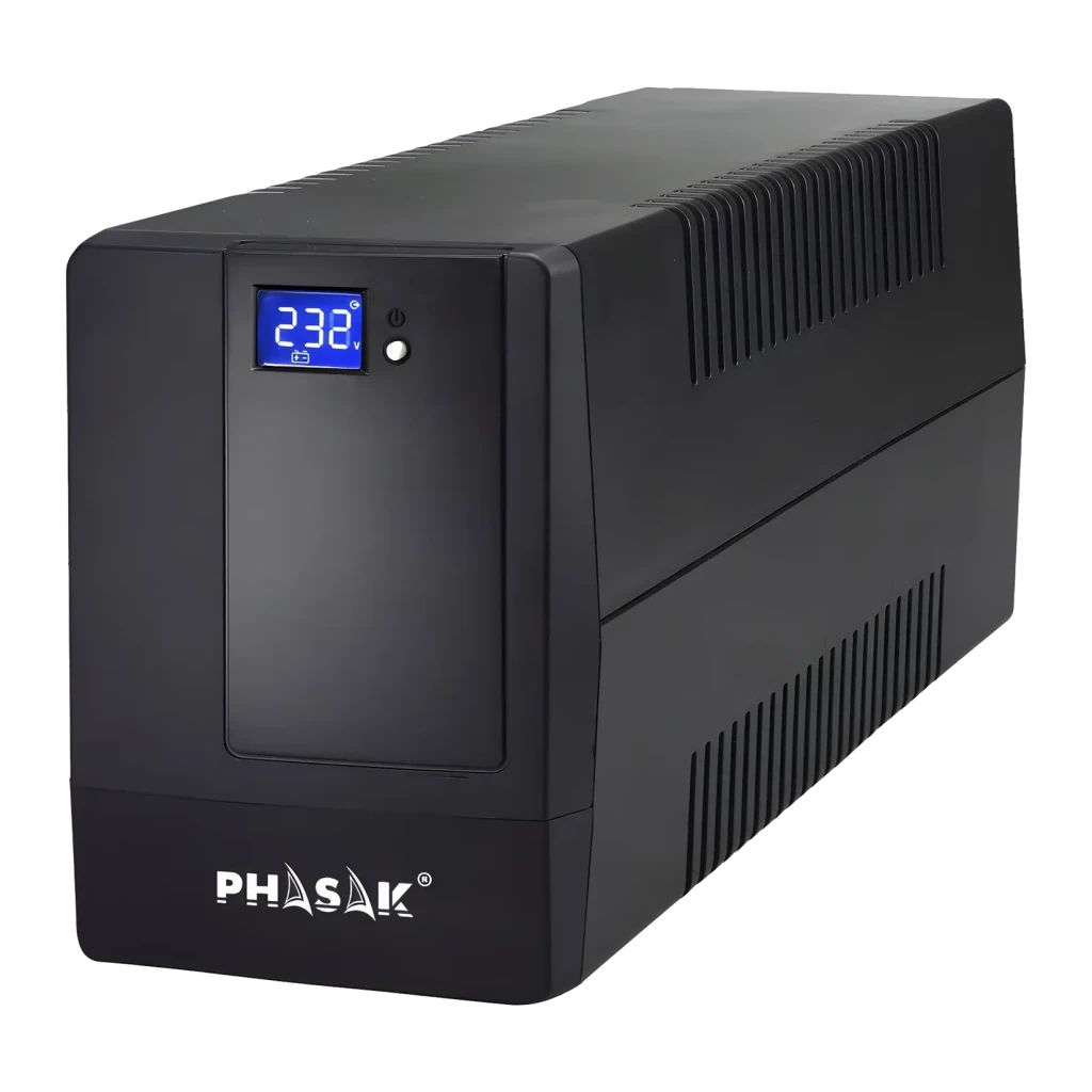 UPS Phasak Esential Interativo 600 VA PH 9464 Preto, vista frontal: ecrã LCD azul com 232V, grelhas laterais e logótipo