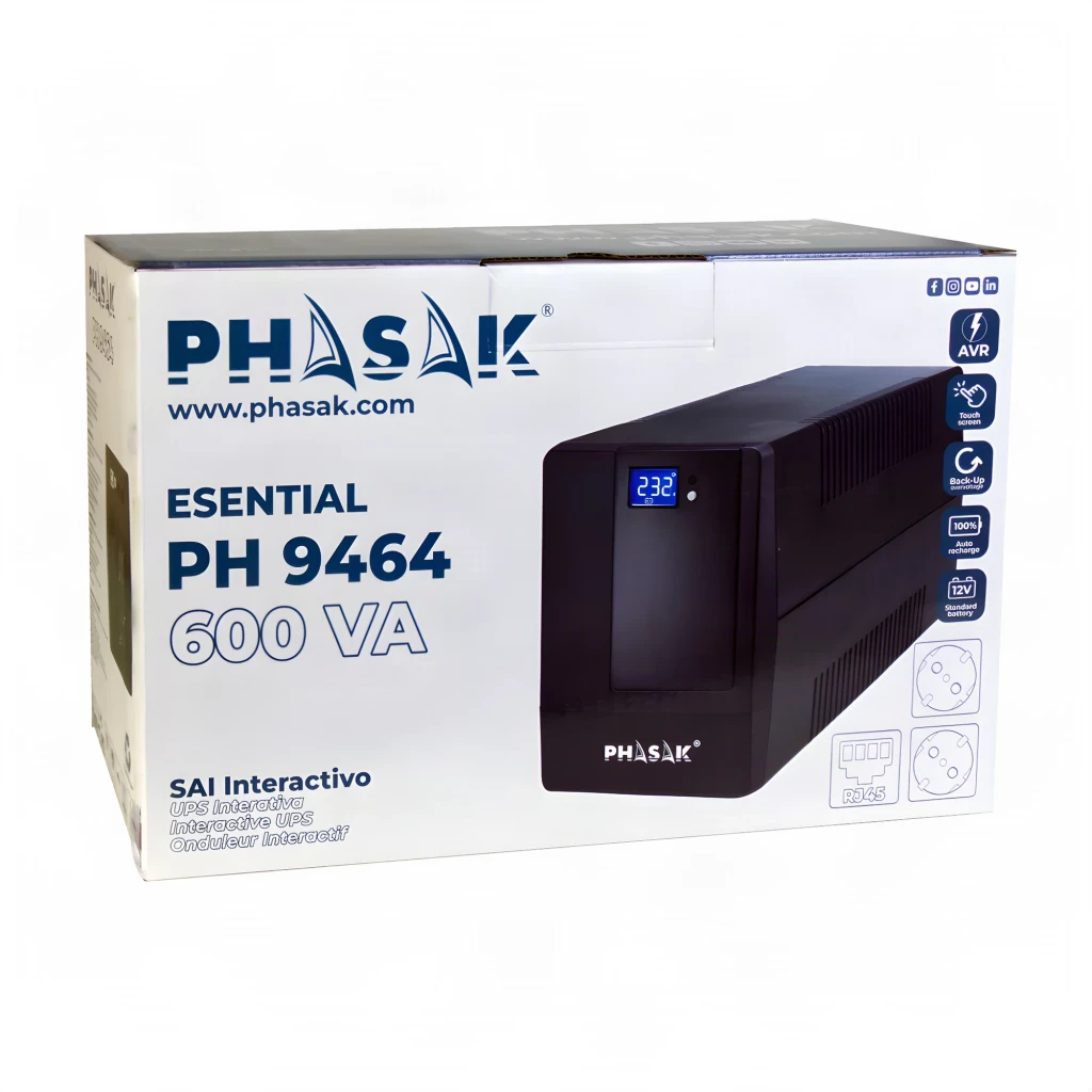 UPS Phasak Esential Interativo 600 VA PH 9464 Preto, conteúdo da caixa: embalagem com foto do UPS preto e ícones AVR, ecrã