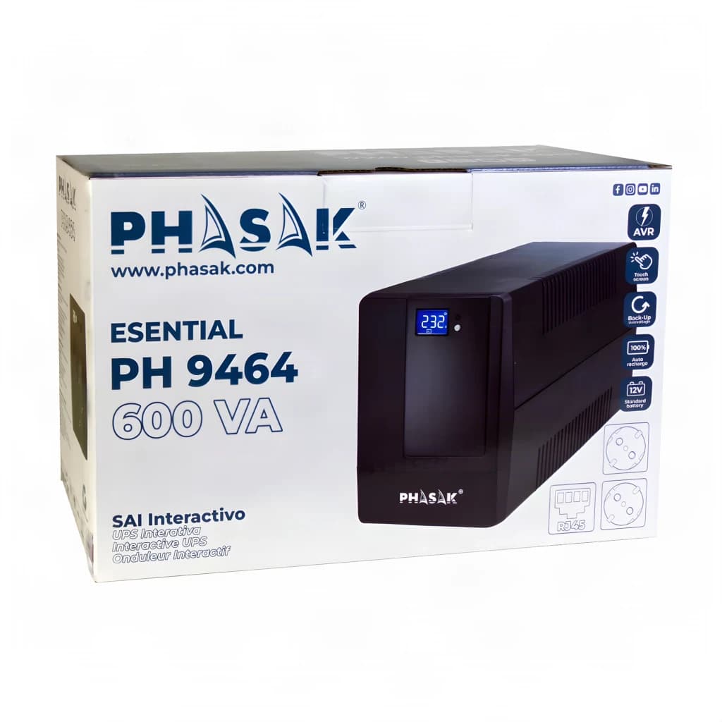 UPS Phasak Esential Interativo 600 VA PH 9464 Preto, conteúdo da caixa: embalagem com foto do UPS preto e ícones AVR, ecrã