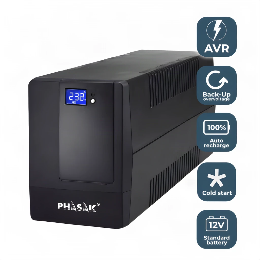 UPS Phasak Esential Interativo 600 VA PH 9464 Preto, vista lateral: ecrã LCD azul e ícones AVR, Back-Up, Auto recharge, Cold